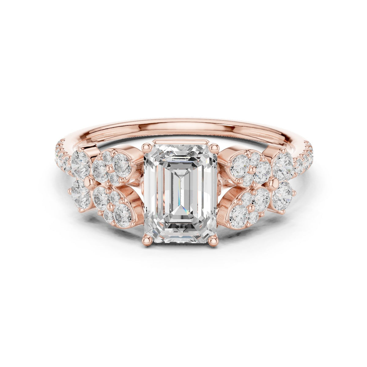 Emerald Cut Engagement Ring with Floral Side Cluster Accents