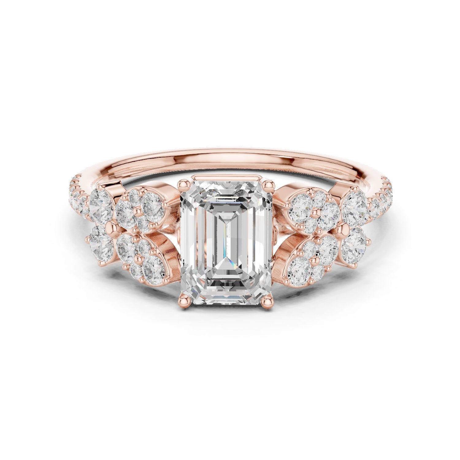 Emerald Cut Engagement Ring with Floral Side Cluster Accents