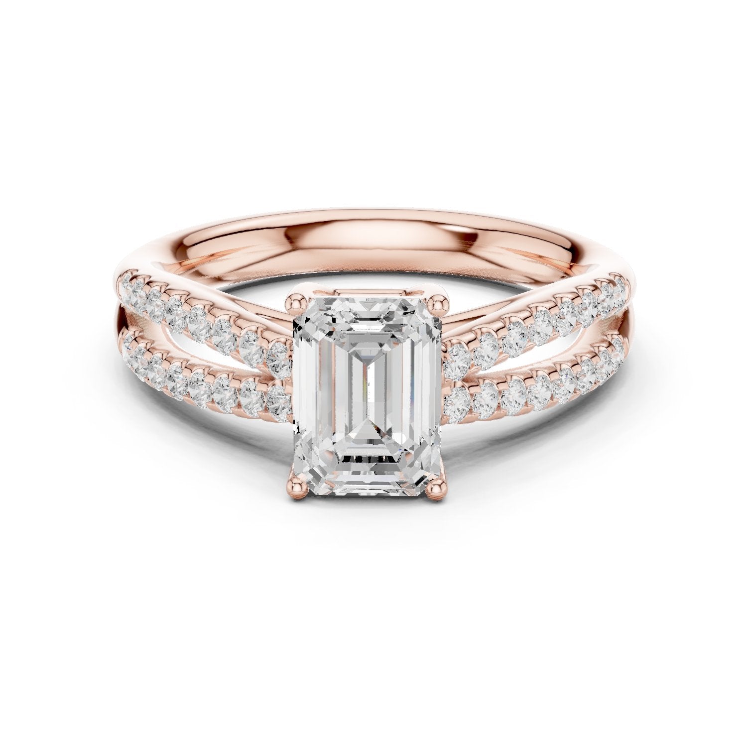 Emerald Cut Split Shank Engagement Ring with Pavé Band