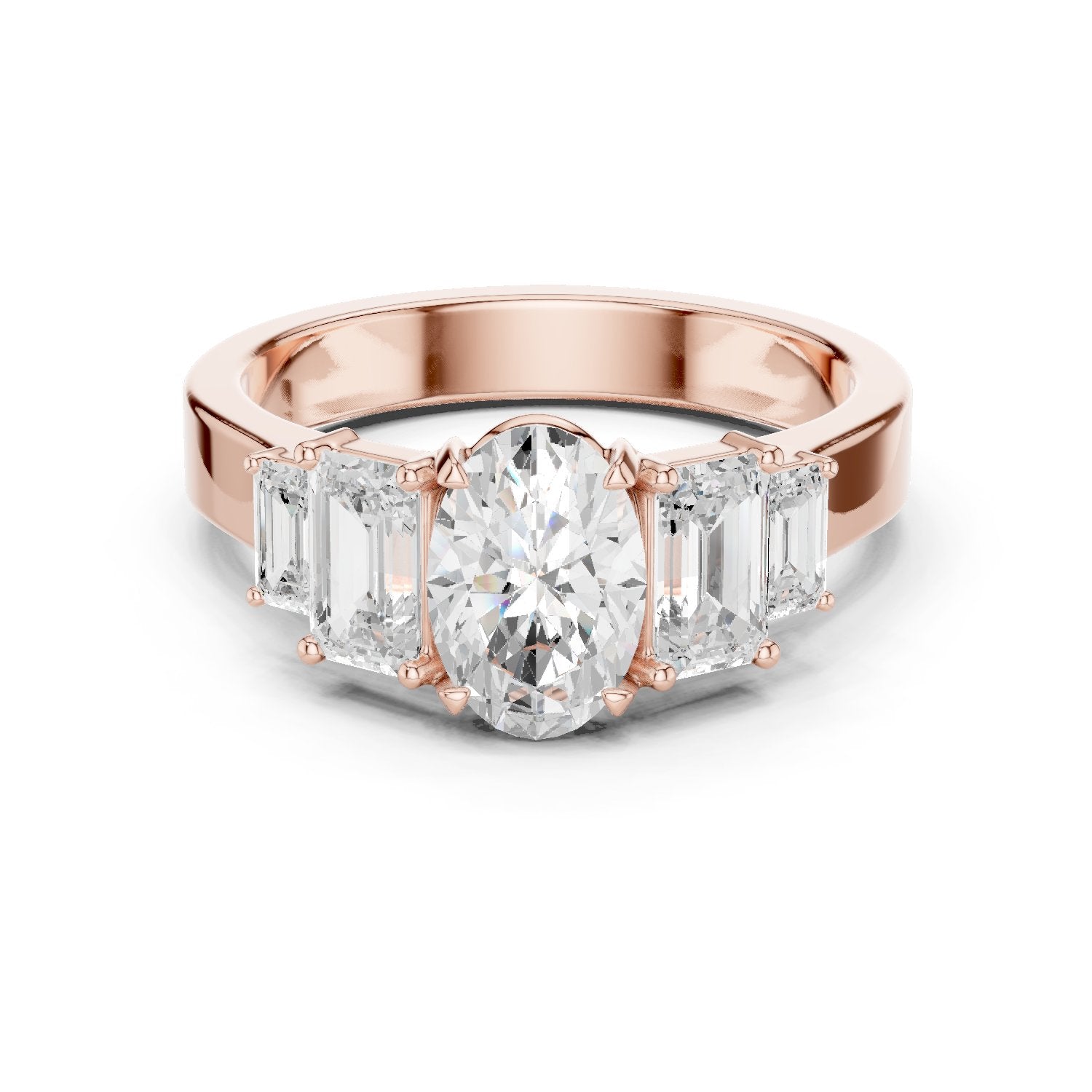 Oval Diamond Engagement Ring with Tapered Baguette Side Accents and Knife Edge Band