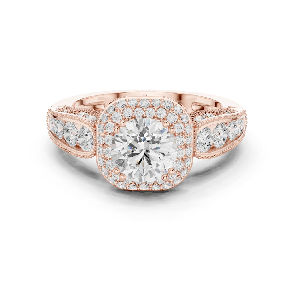 Round Diamond Cushion Halo Engagement Ring with Decorative Pavé Band