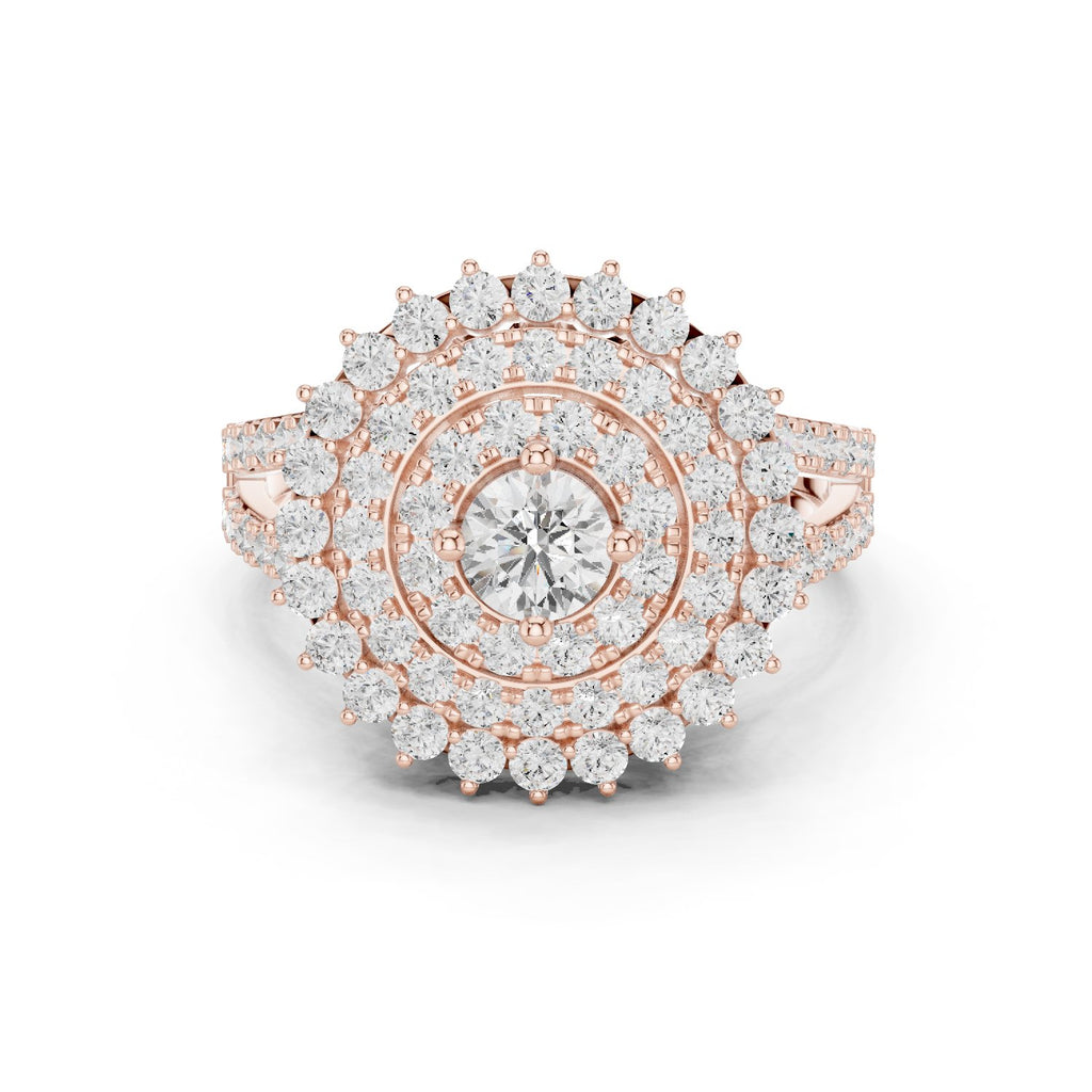Round Diamond Sunburst Cluster Halo Statement Engagement Ring