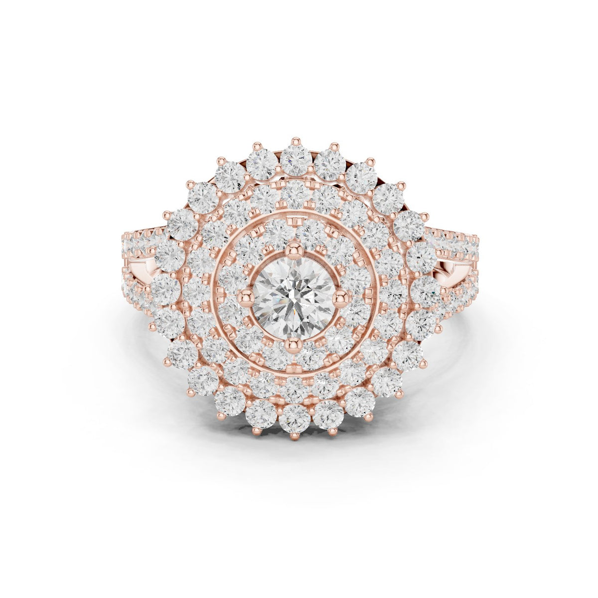 Round Diamond Sunburst Cluster Halo Statement Engagement Ring
