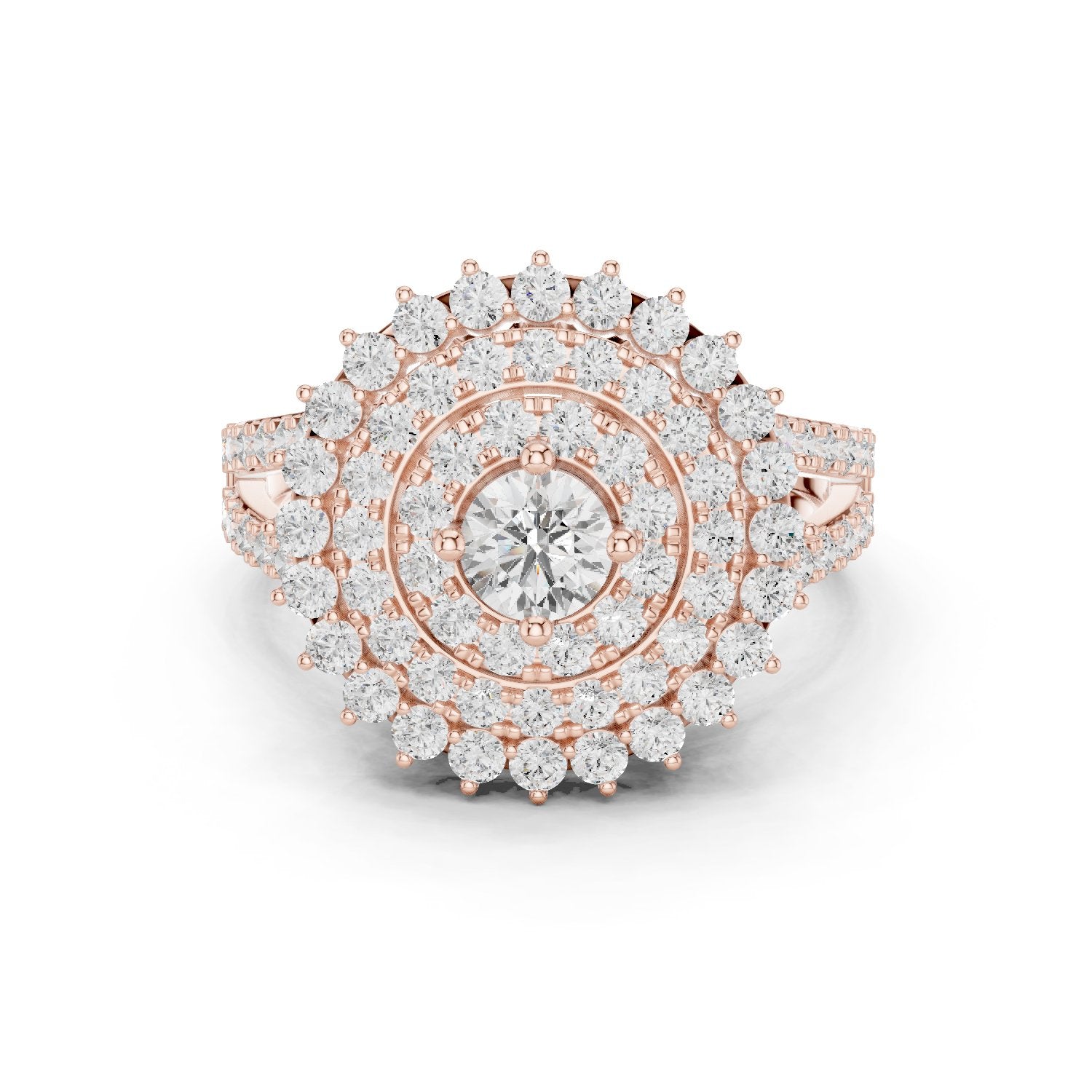 Round Diamond Sunburst Cluster Halo Statement Engagement Ring