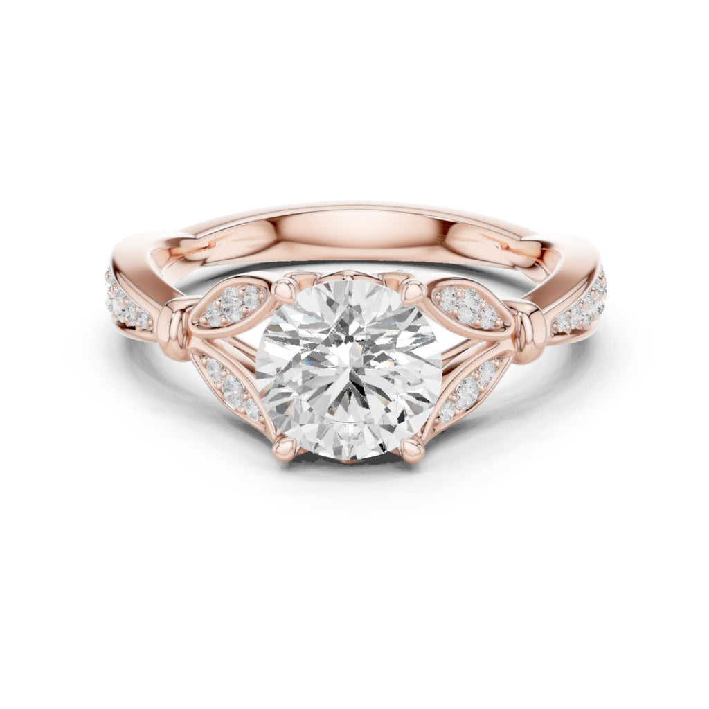 Round Diamond Engagement Ring with Leaf Accents and Pavé Band