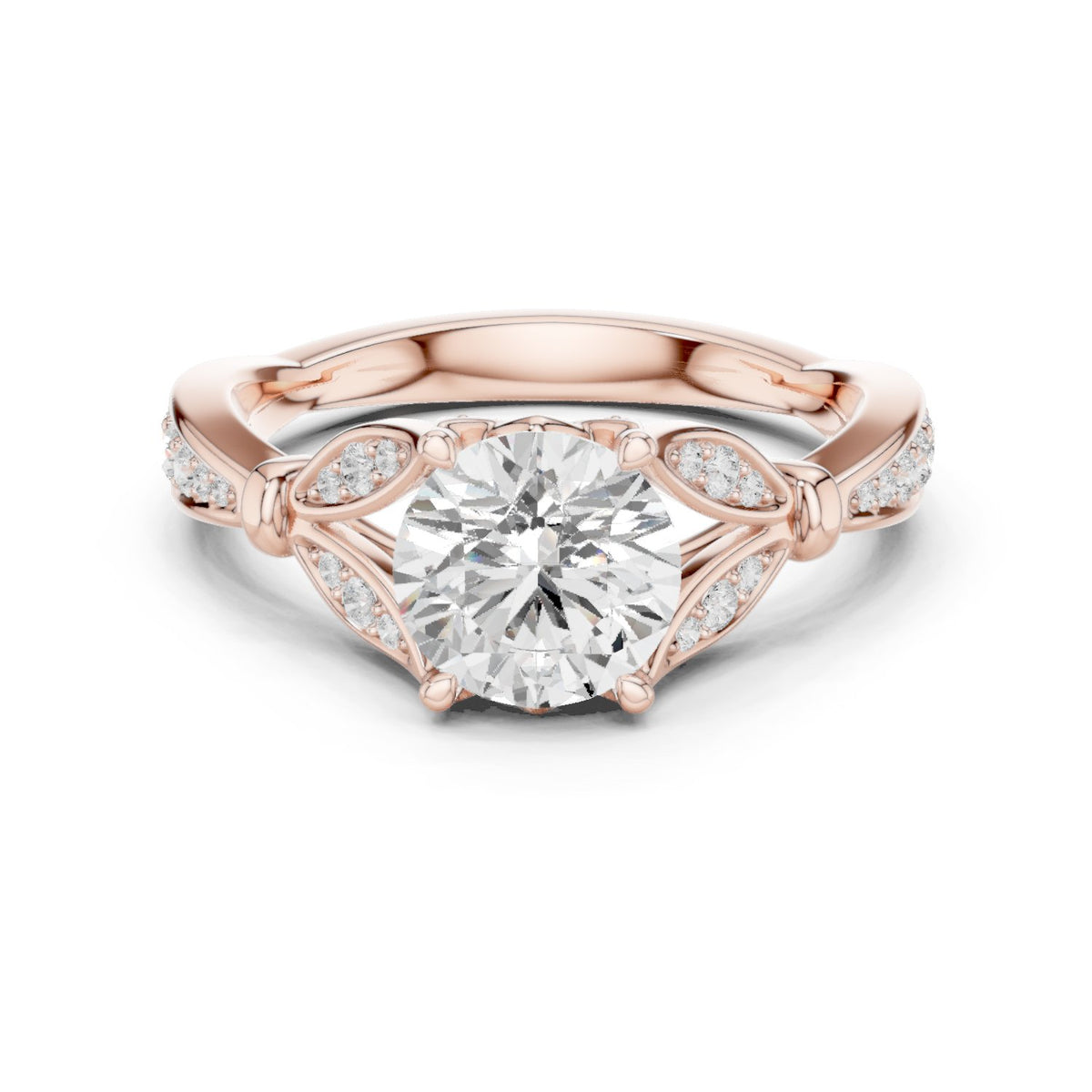 Round Diamond Engagement Ring with Leaf Accents and Pavé Band