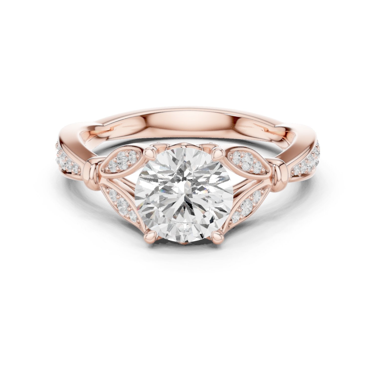 Round Diamond Engagement Ring with Leaf Accents and Pavé Band