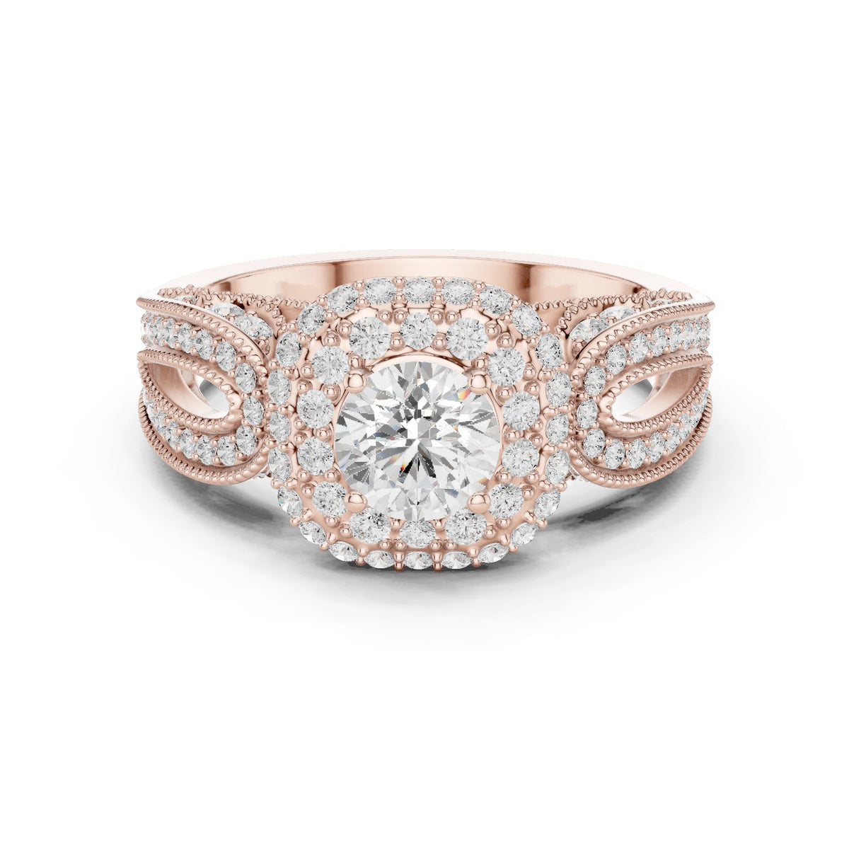 Round Diamond Double Halo Engagement Ring with Decorative Band