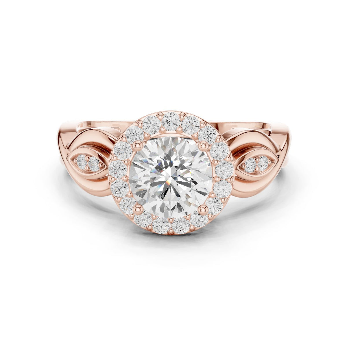 Round Diamond Halo Engagement Ring with Scrollwork Shank