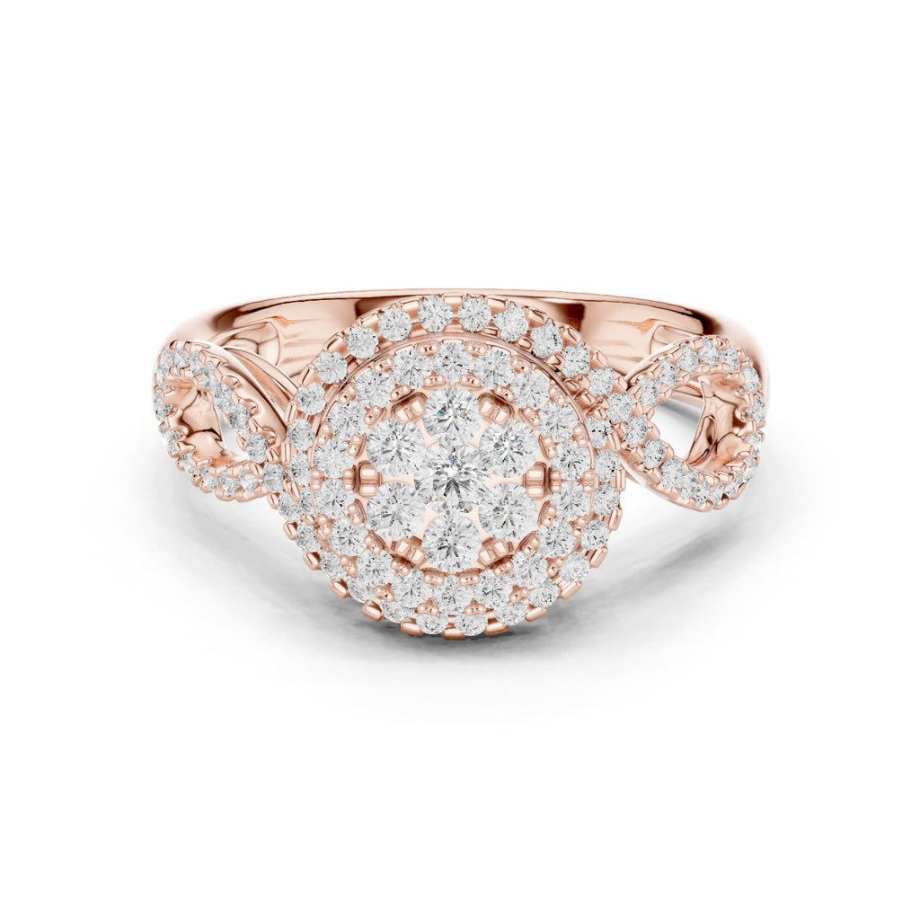 Round Diamond Cluster Double Halo Engagement Ring with Twisted Pavé Band