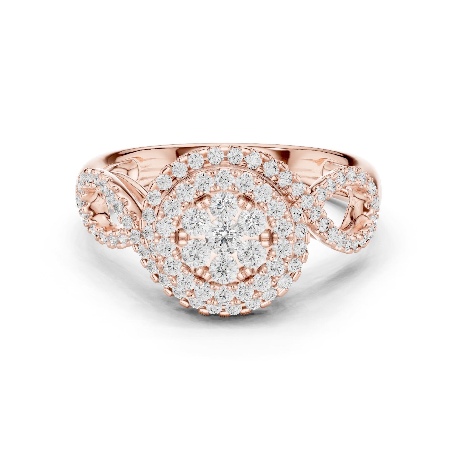 Round Diamond Cluster Double Halo Engagement Ring with Twisted Pavé Band