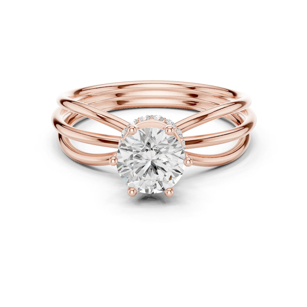 Round Diamond Triple Band Hidden Halo Solitaire Engagement Ring