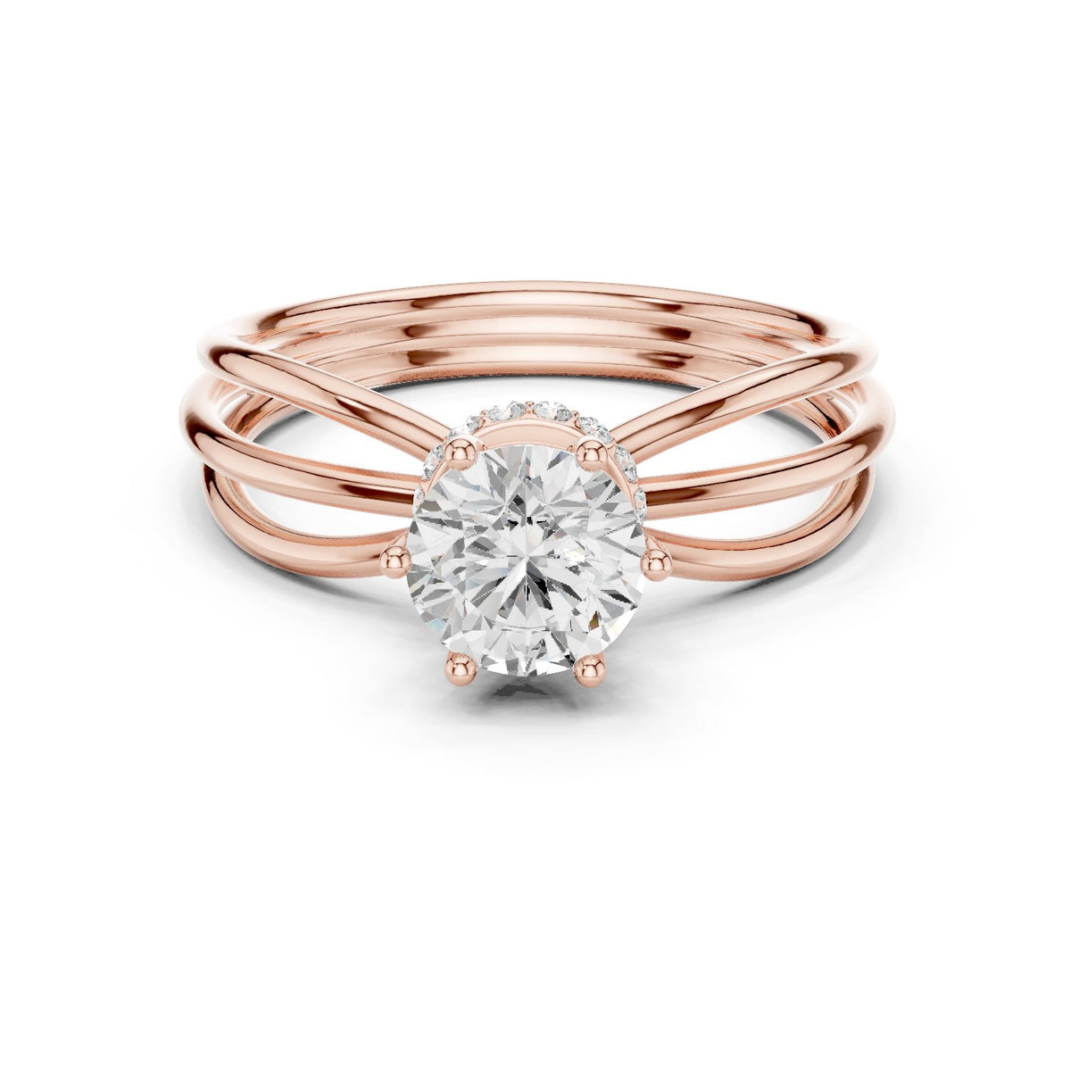 Round Diamond Triple Band Hidden Halo Solitaire Engagement Ring
