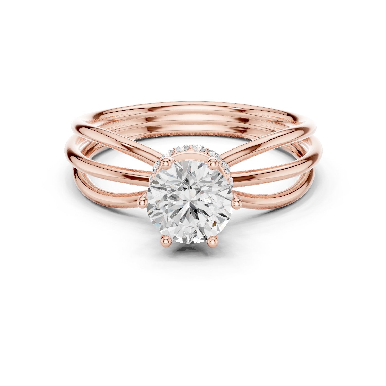 Round Diamond Triple Band Hidden Halo Solitaire Engagement Ring