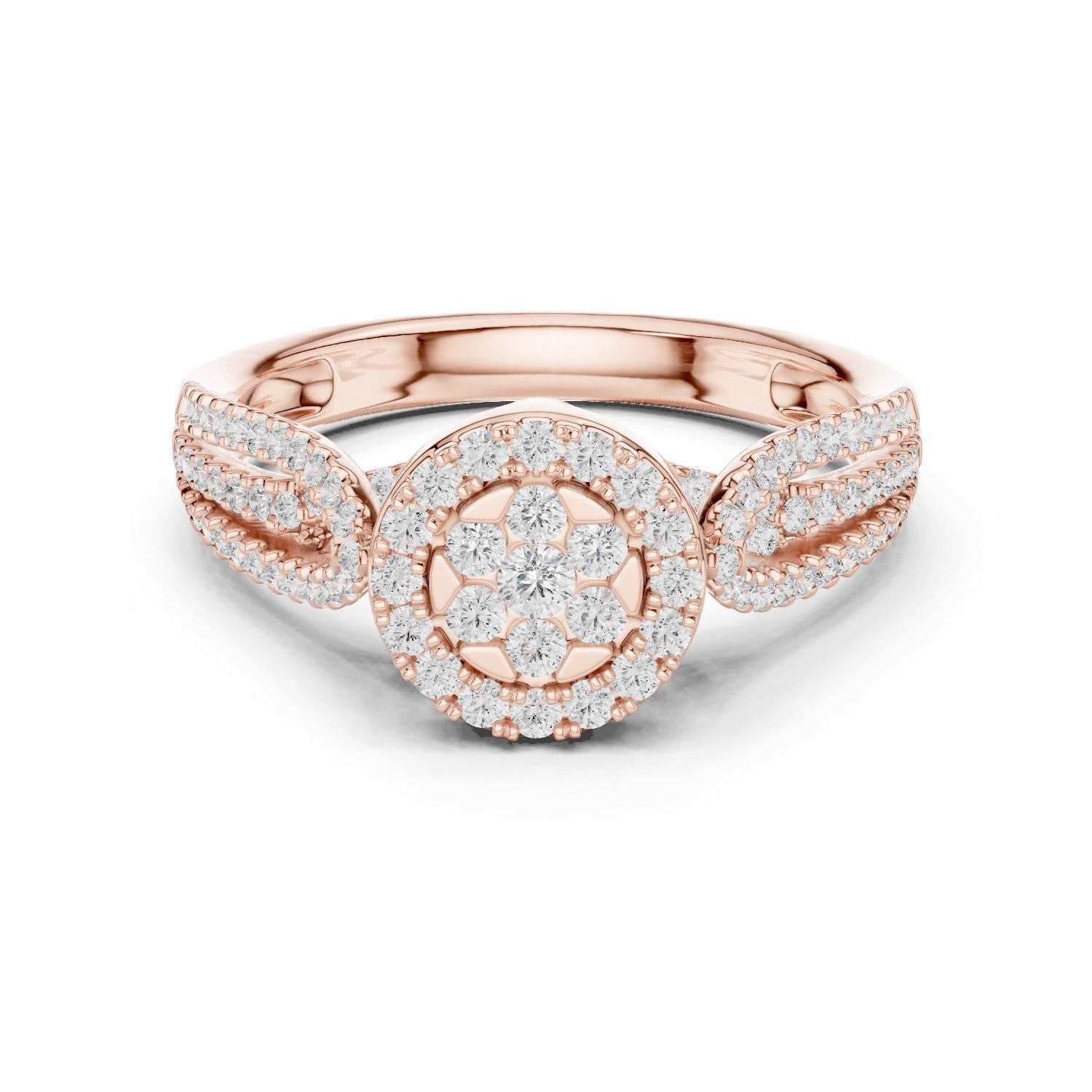 Round Diamond Floral Cluster Engagement Ring with Leaf Shoulders