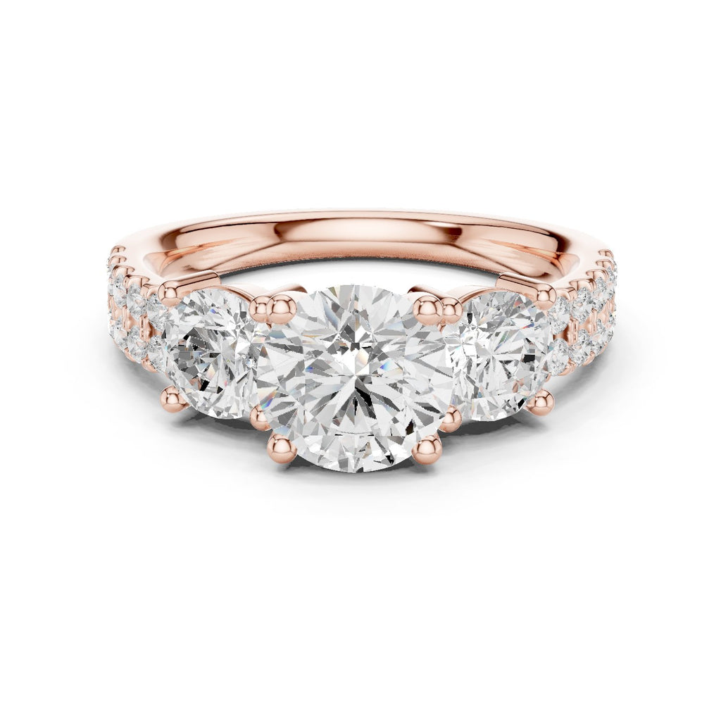 Cushion Cut Three Stone Engagement Ring with Round Sides and Pavé Band