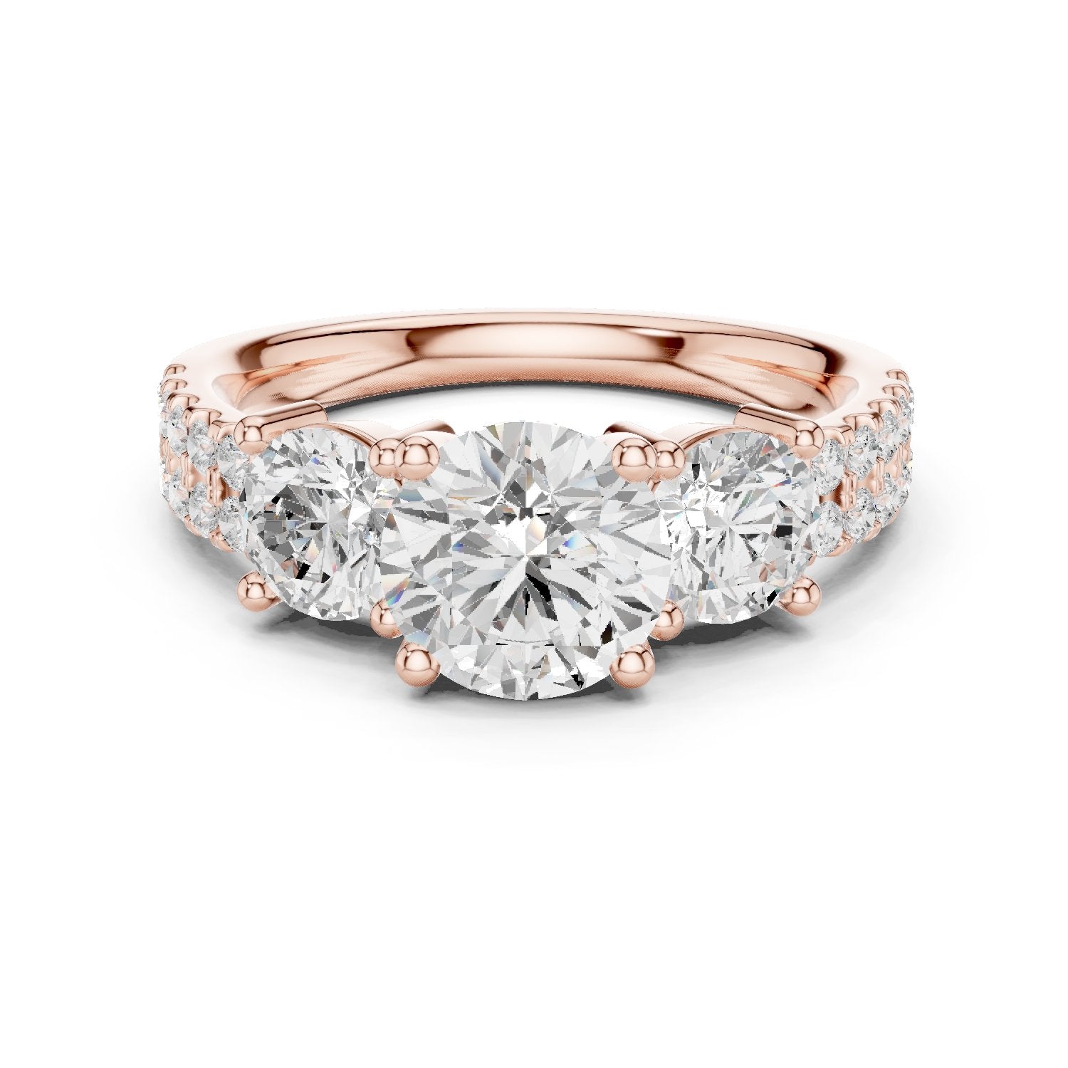 Cushion Cut Three Stone Engagement Ring with Round Sides and Pavé Band