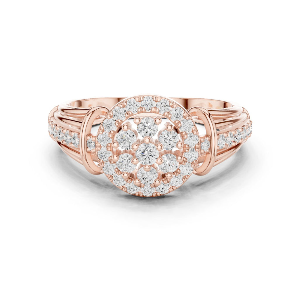 Round Diamond Cluster Halo Engagement Ring with Decorative Split Shank