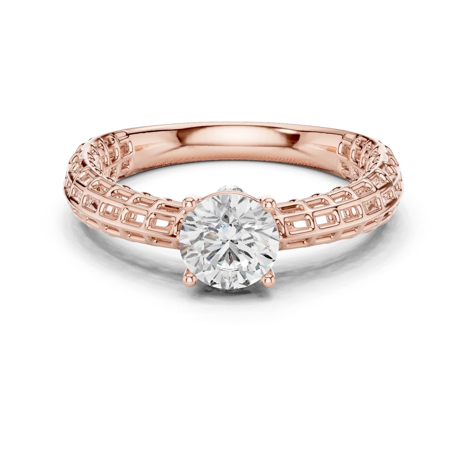Round Diamond Three Stone Engagement Ring with Openwork Band