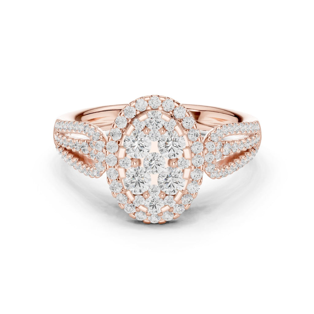 Round Diamond Constellation Oval Cluster Engagement Ring with Split Shank Pavé Band