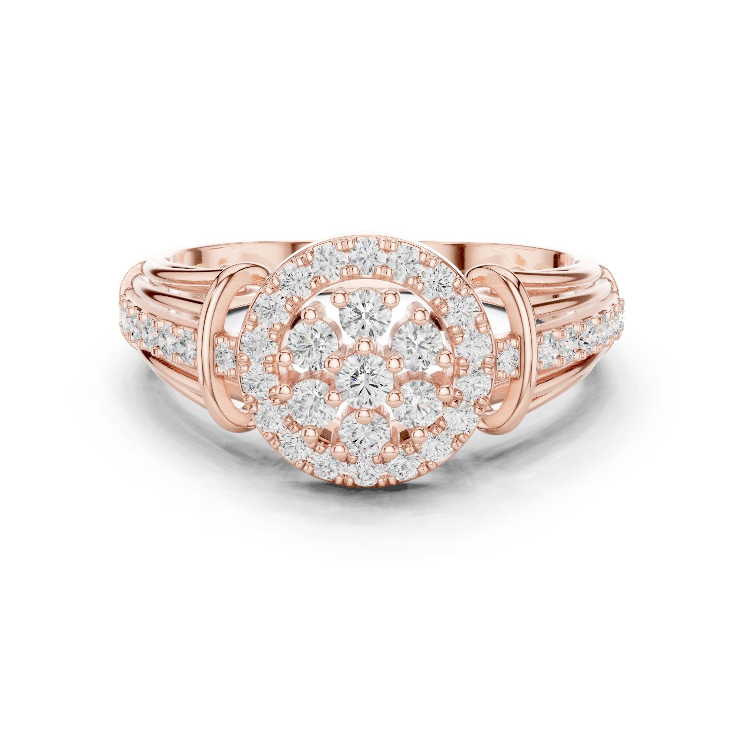 Round Diamond Cluster Halo Engagement Ring with Decorative Split Shank