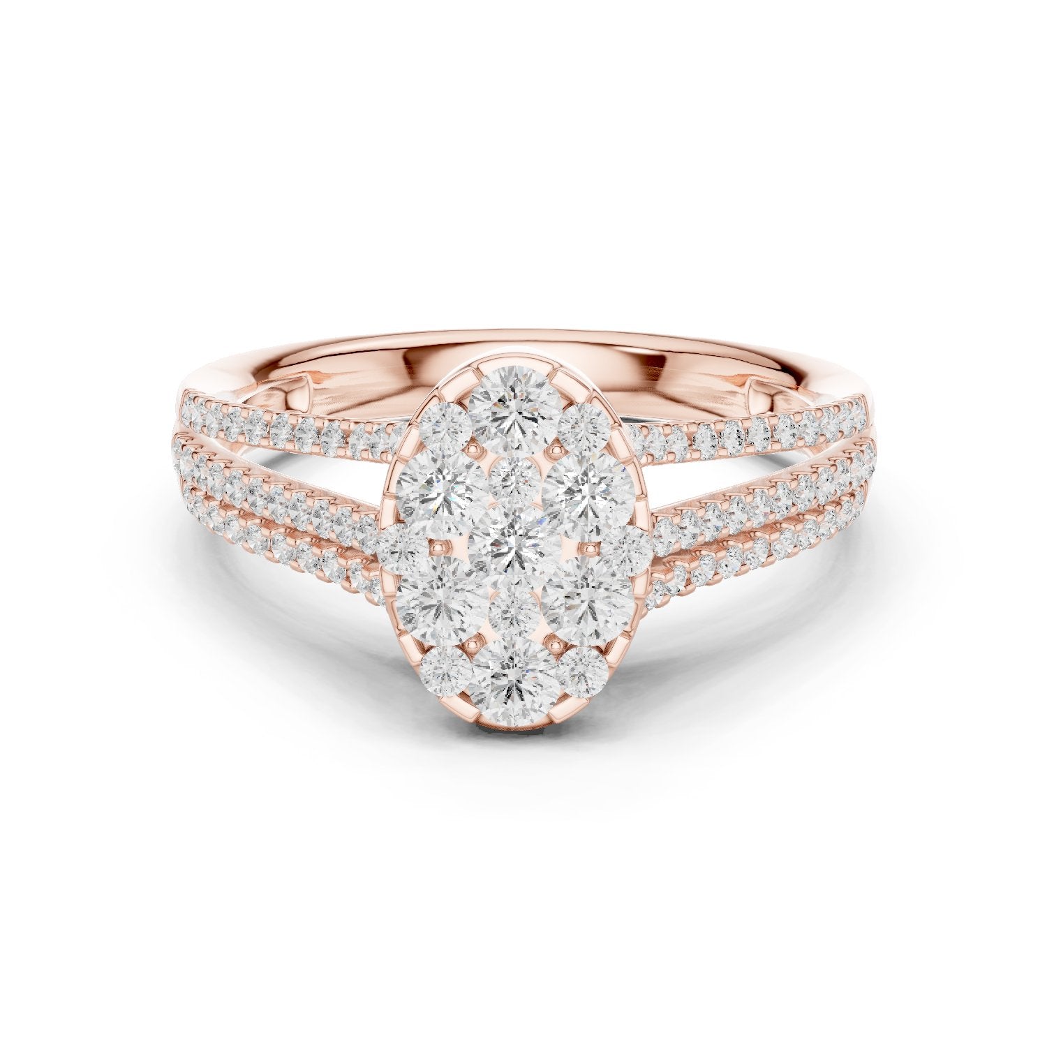Round Diamond Oval Cluster Engagement Ring with Split Shank Pavé Band