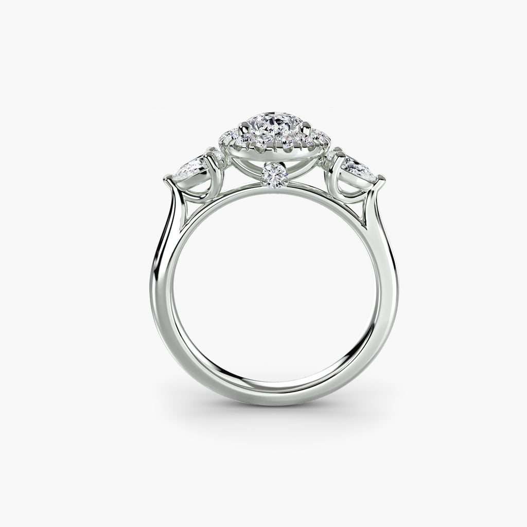 Three-Stone Ring with Halo - diamond engagement ring - VYKA Diamonds