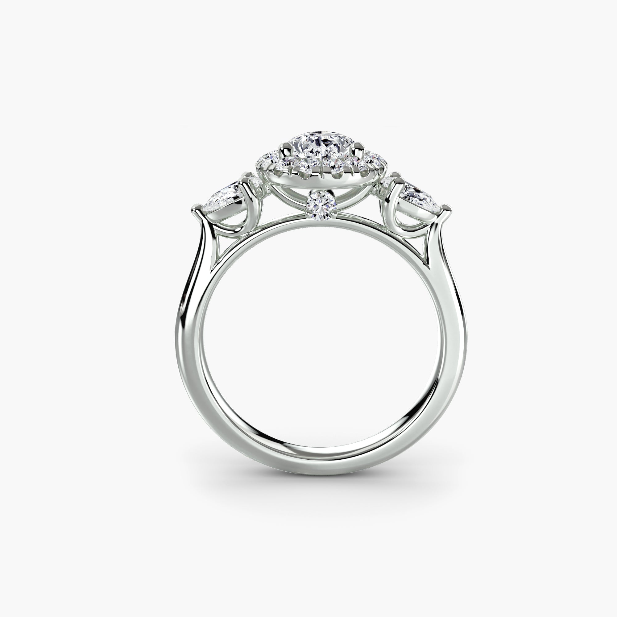 Three-Stone Ring with Halo - diamond engagement ring - VYKA Diamonds