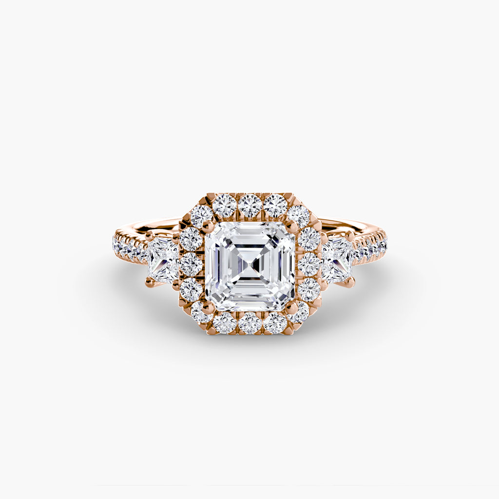Three-Stone Ring with Halo 2 - diamond engagement ring - VYKA Diamonds