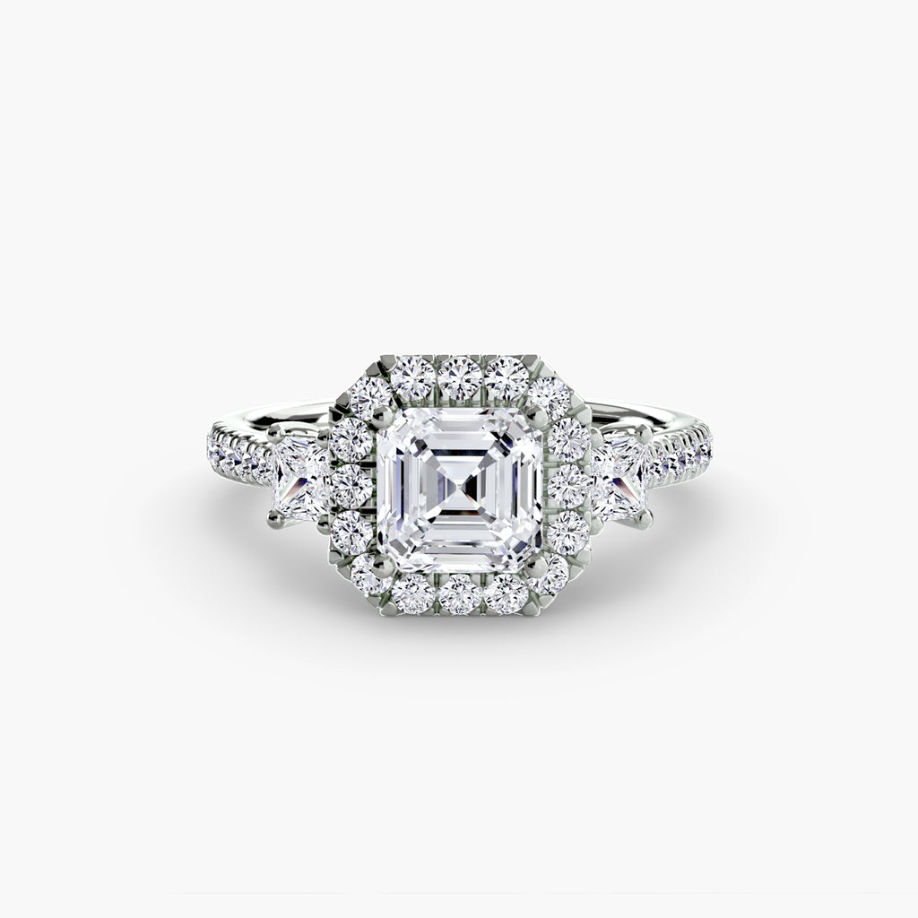 Three-Stone Ring with Halo 2 - diamond engagement ring - VYKA Diamonds