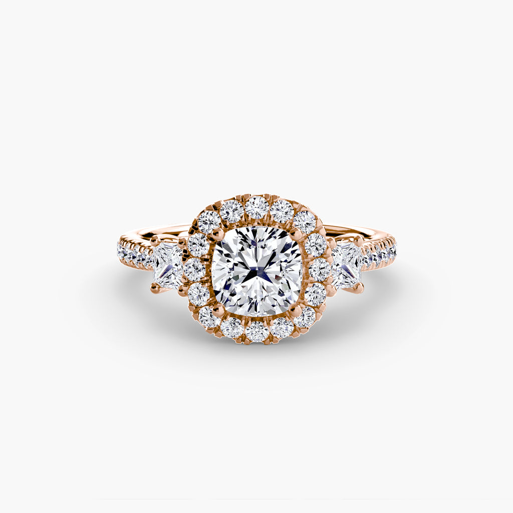 Three-Stone Ring with Halo 2 - diamond engagement ring - VYKA Diamonds