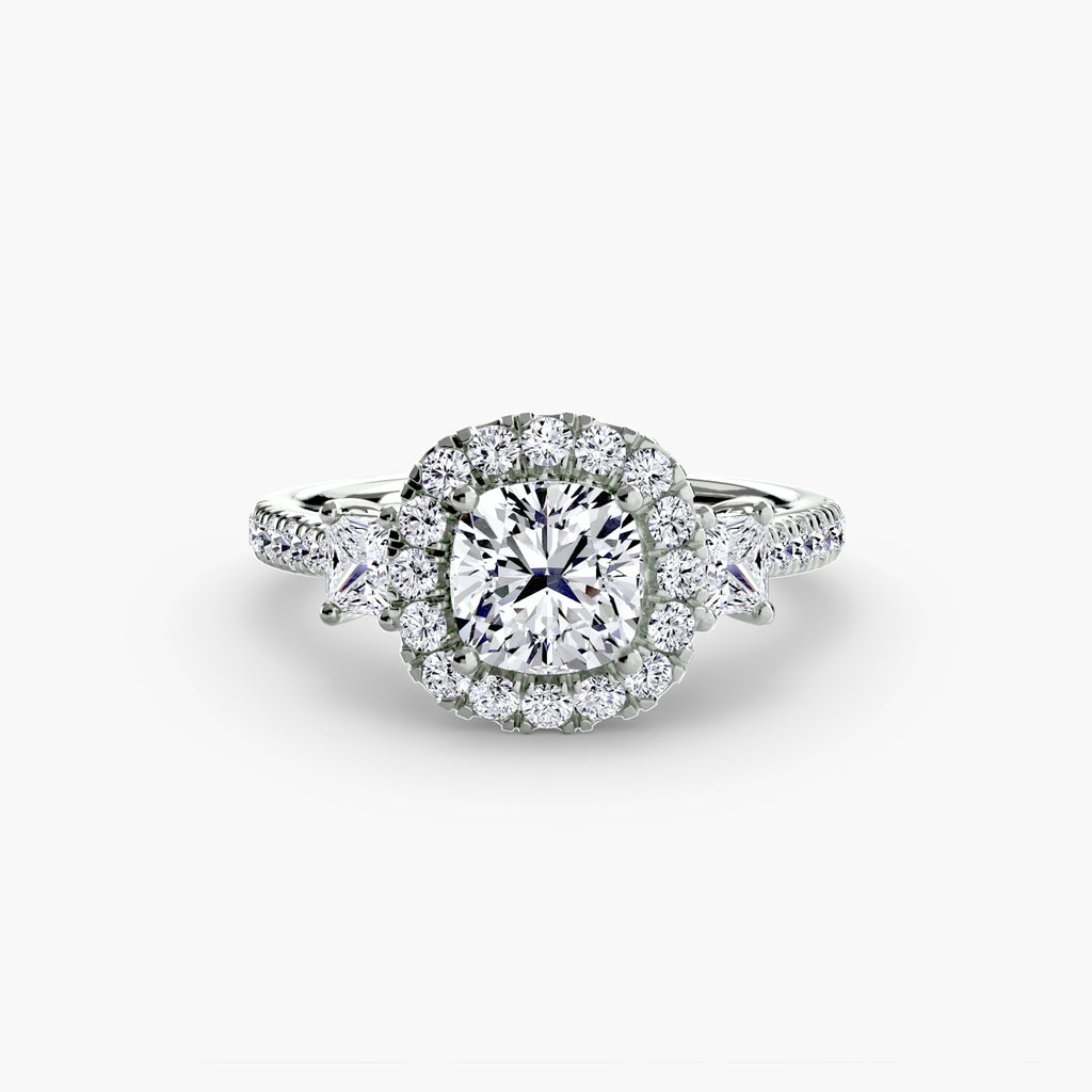 Three-Stone Ring with Halo 2 - diamond engagement ring - VYKA Diamonds