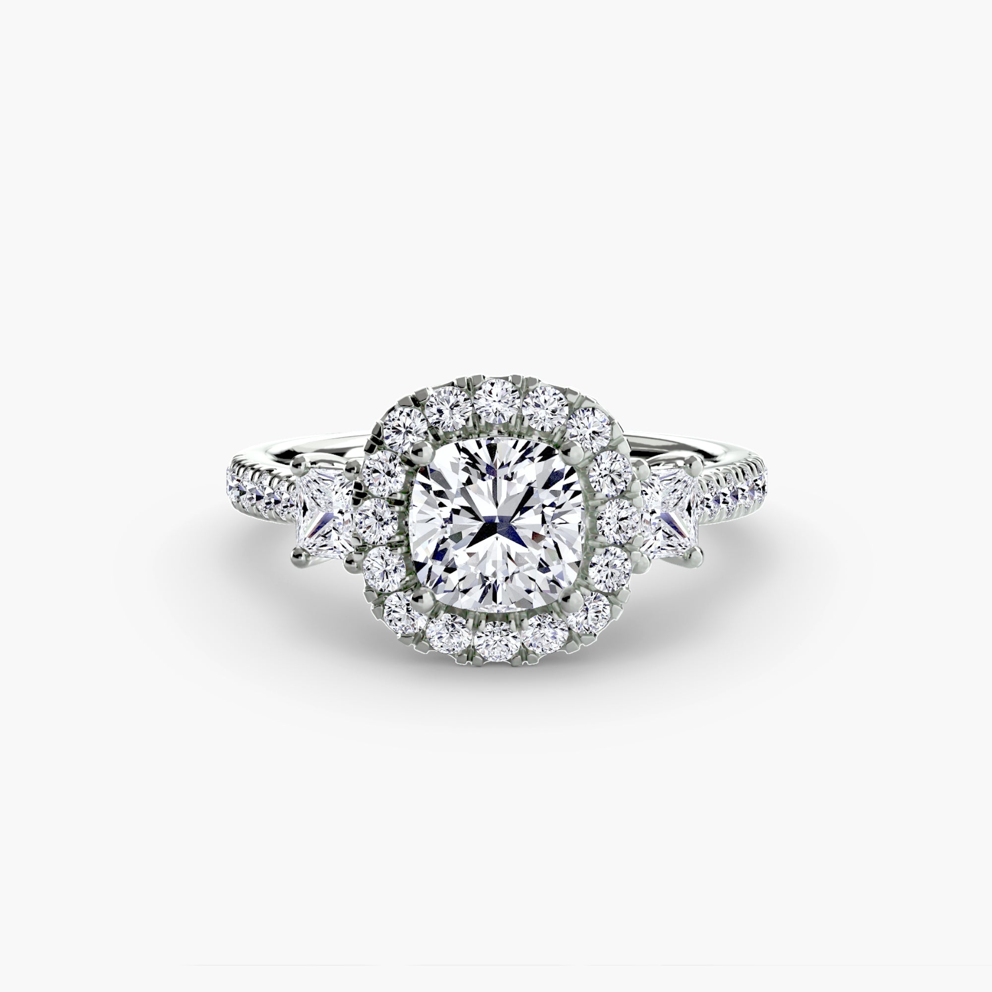 Three-Stone Ring with Halo 2 - diamond engagement ring - VYKA Diamonds