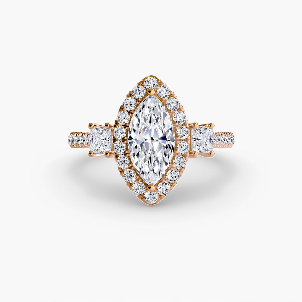 Three-Stone Ring with Halo 2 - diamond engagement ring - VYKA Diamonds