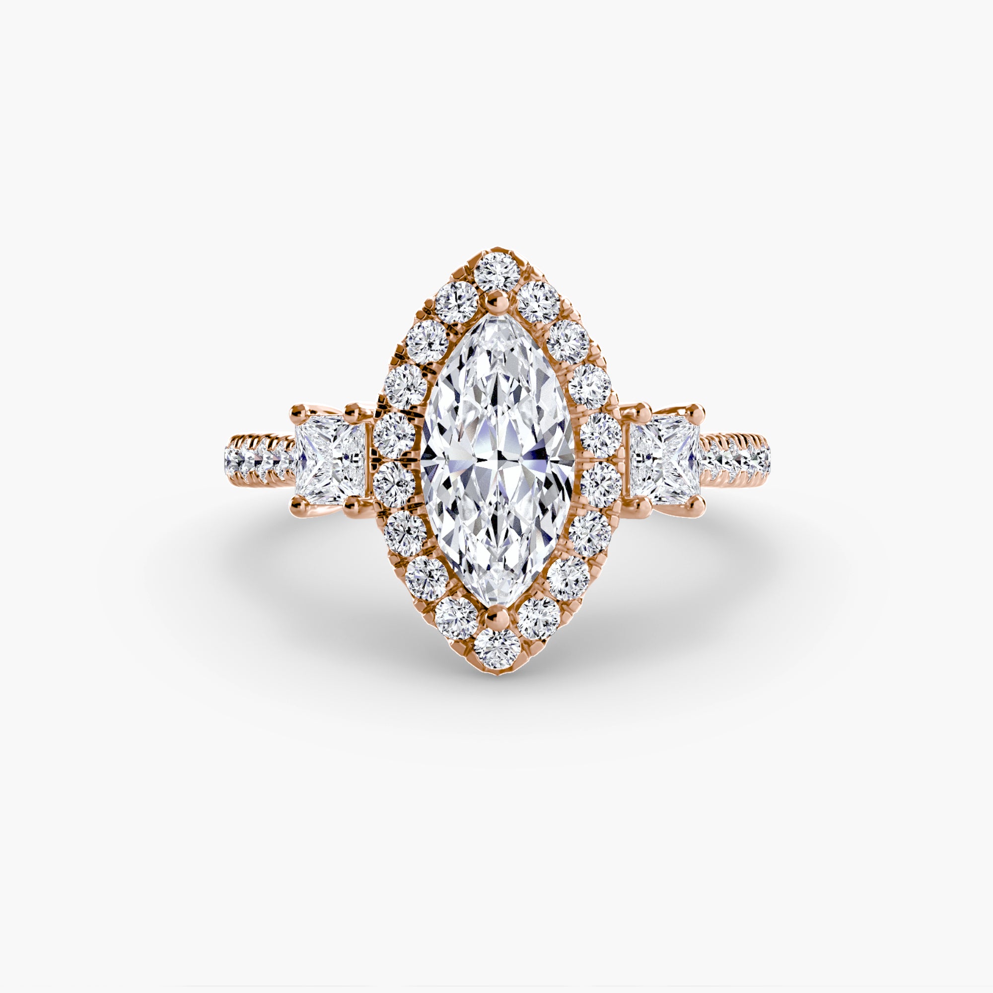 Three-Stone Ring with Halo 2 - diamond engagement ring - VYKA Diamonds