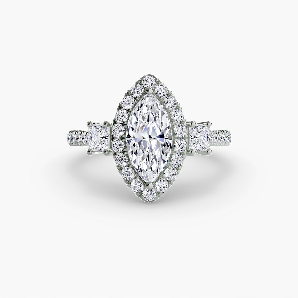 Three-Stone Ring with Halo 2 - diamond engagement ring - VYKA Diamonds