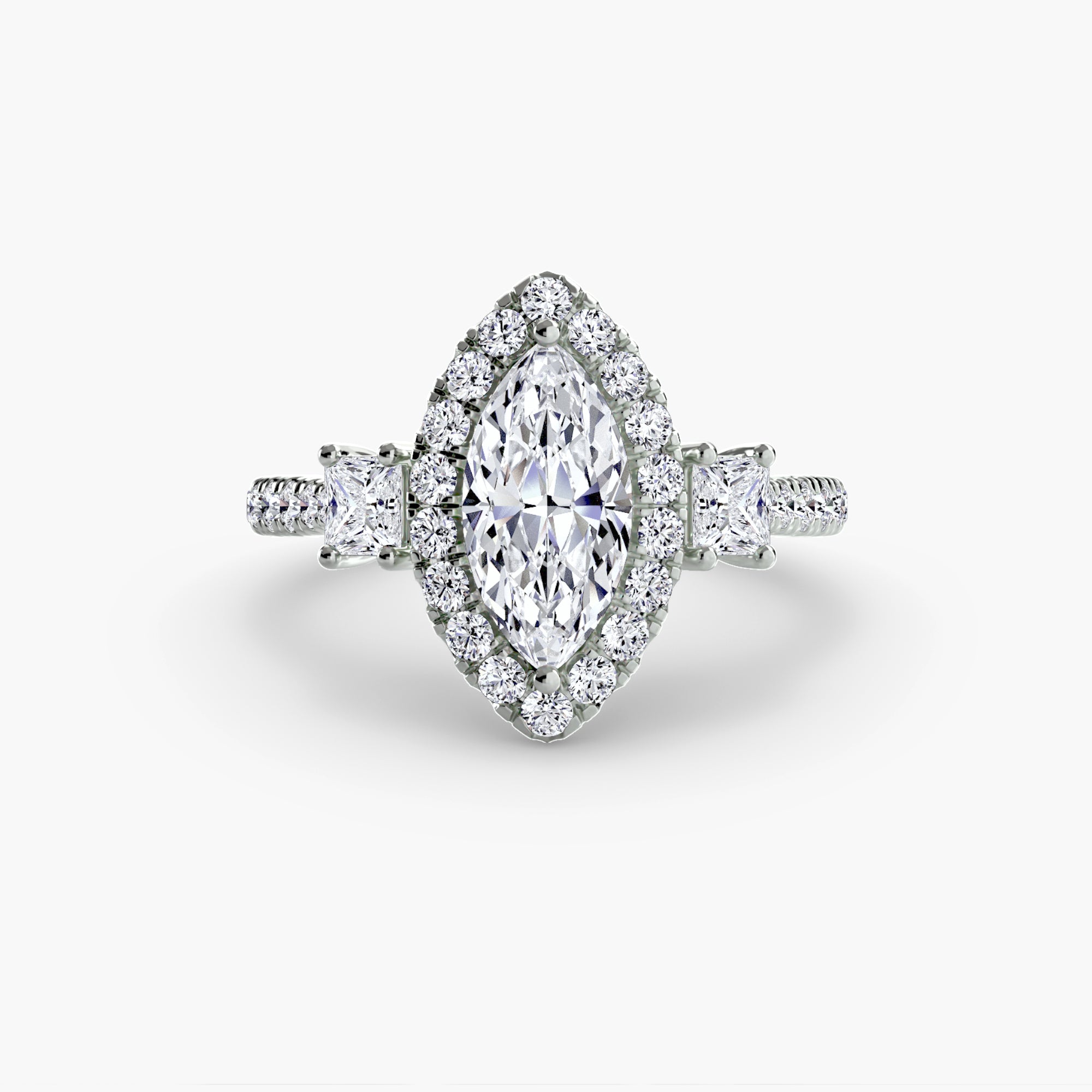 Three-Stone Ring with Halo 2 - diamond engagement ring - VYKA Diamonds