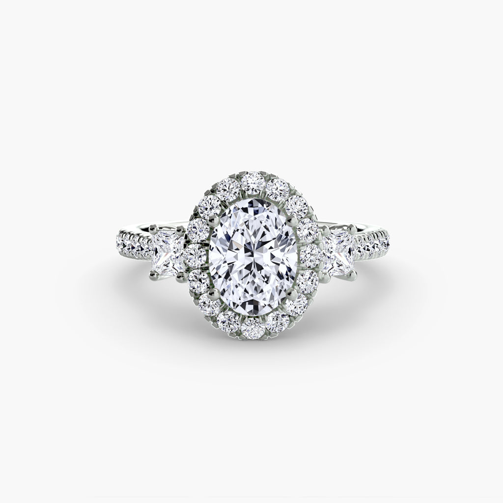 Three-Stone Ring with Halo 2 - diamond engagement ring - VYKA Diamonds