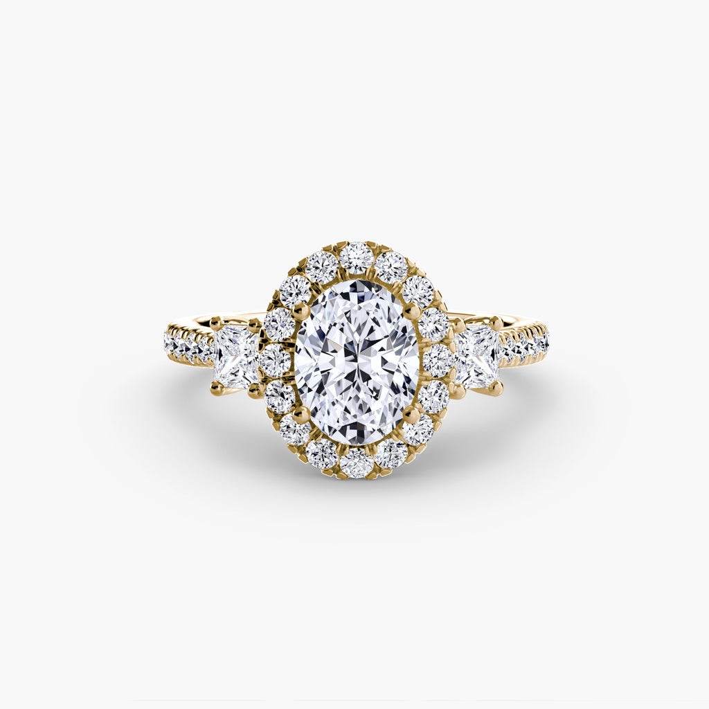 Three-Stone Ring with Halo 2 - diamond engagement ring - VYKA Diamonds