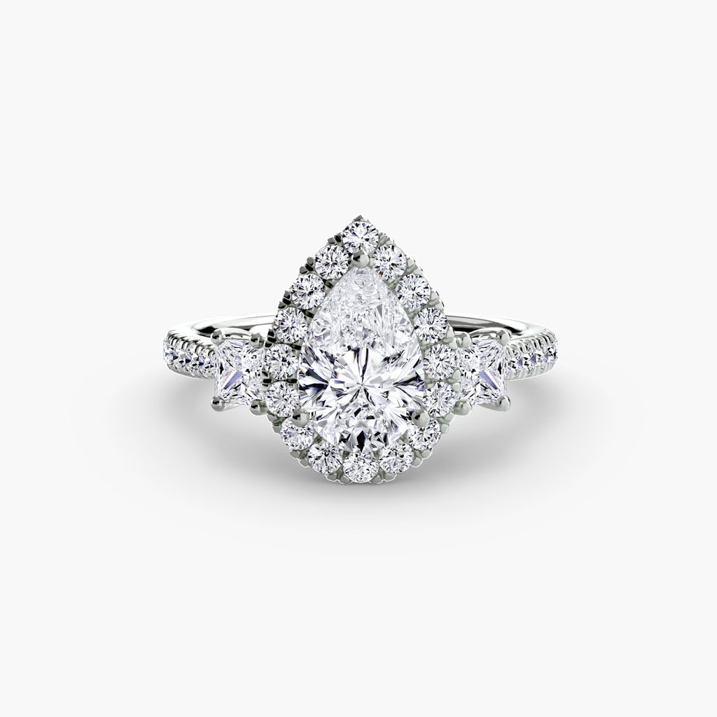 Three-Stone Ring with Halo 2 - diamond engagement ring - VYKA Diamonds