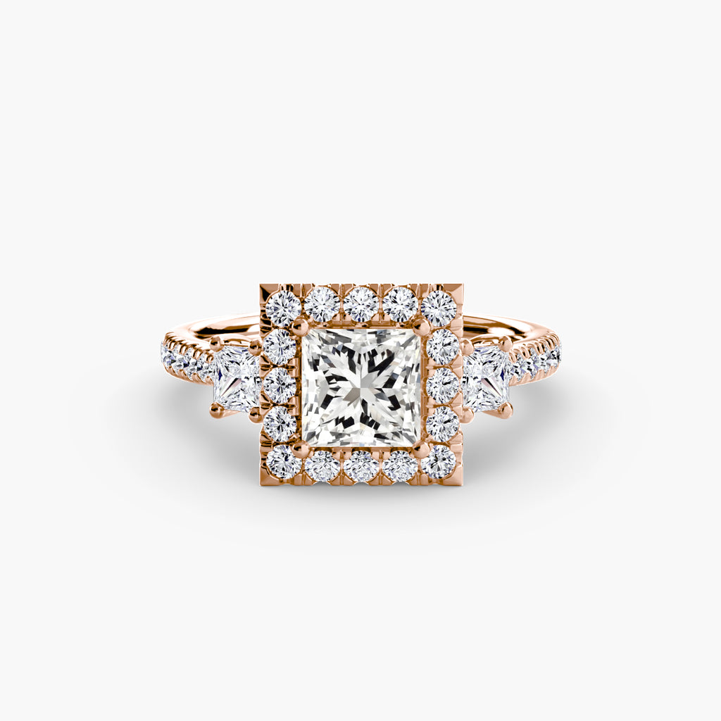 Three-Stone Ring with Halo 2 - diamond engagement ring - VYKA Diamonds