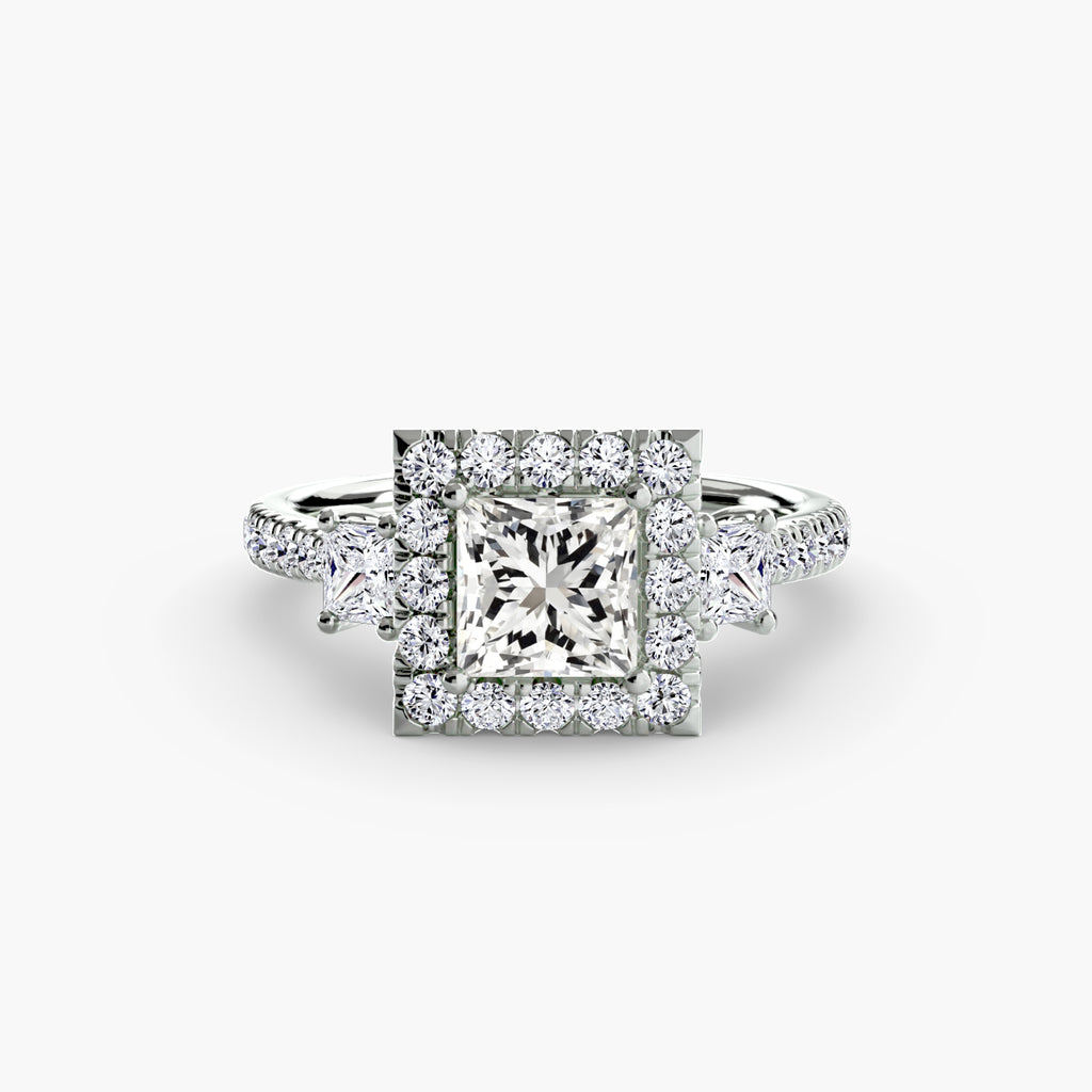 Three-Stone Ring with Halo 2 - diamond engagement ring - VYKA Diamonds