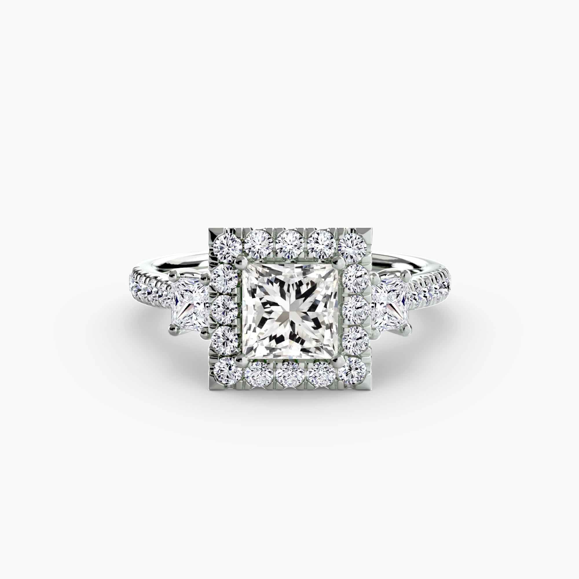 Three-Stone Ring with Halo 2 - diamond engagement ring - VYKA Diamonds