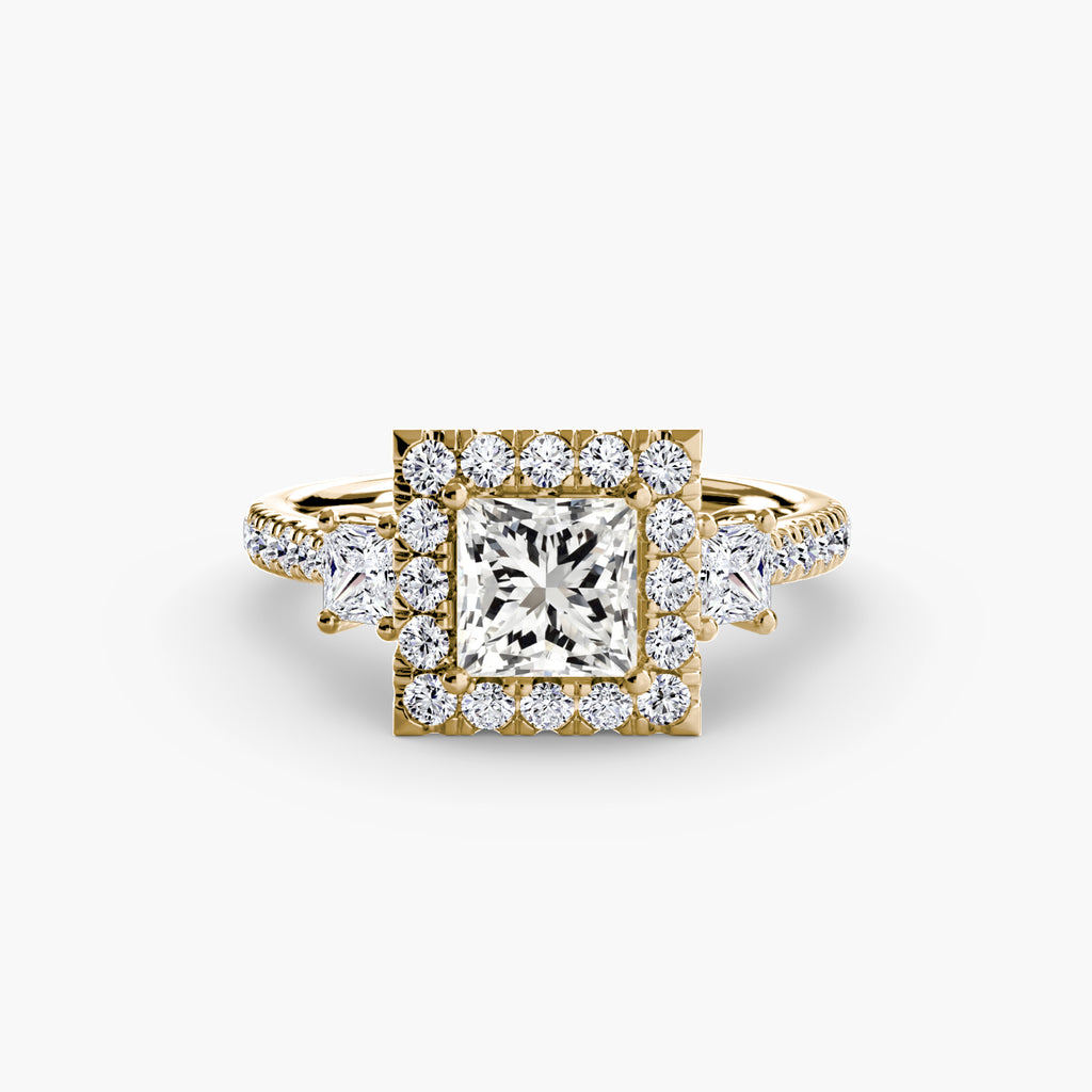 Three-Stone Ring with Halo 2 - diamond engagement ring - VYKA Diamonds