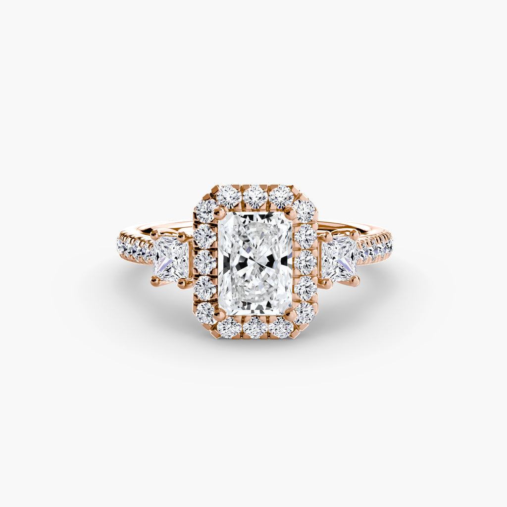 Three-Stone Ring with Halo 2 - diamond engagement ring - VYKA Diamonds