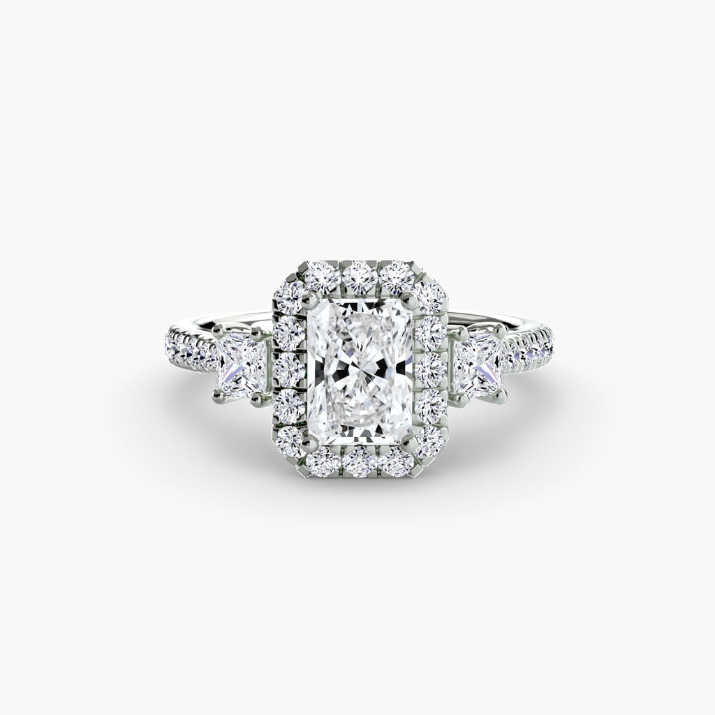 Three-Stone Ring with Halo 2 - diamond engagement ring - VYKA Diamonds