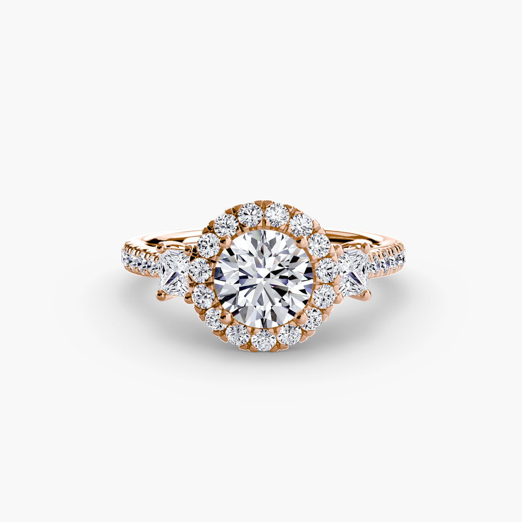 Three-Stone Ring with Halo 2 - diamond engagement ring - VYKA Diamonds