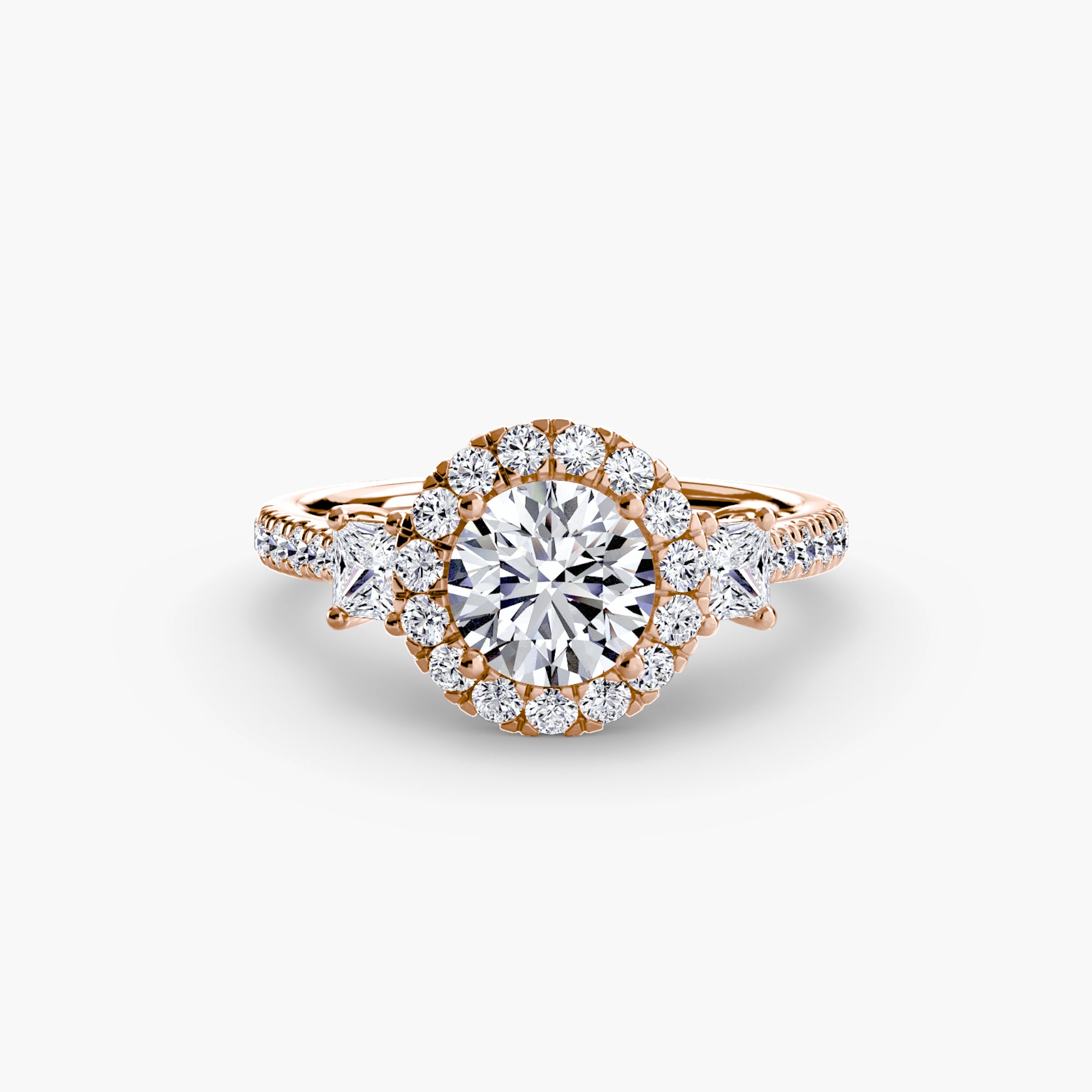 Three-Stone Ring with Halo 2 - diamond engagement ring - VYKA Diamonds