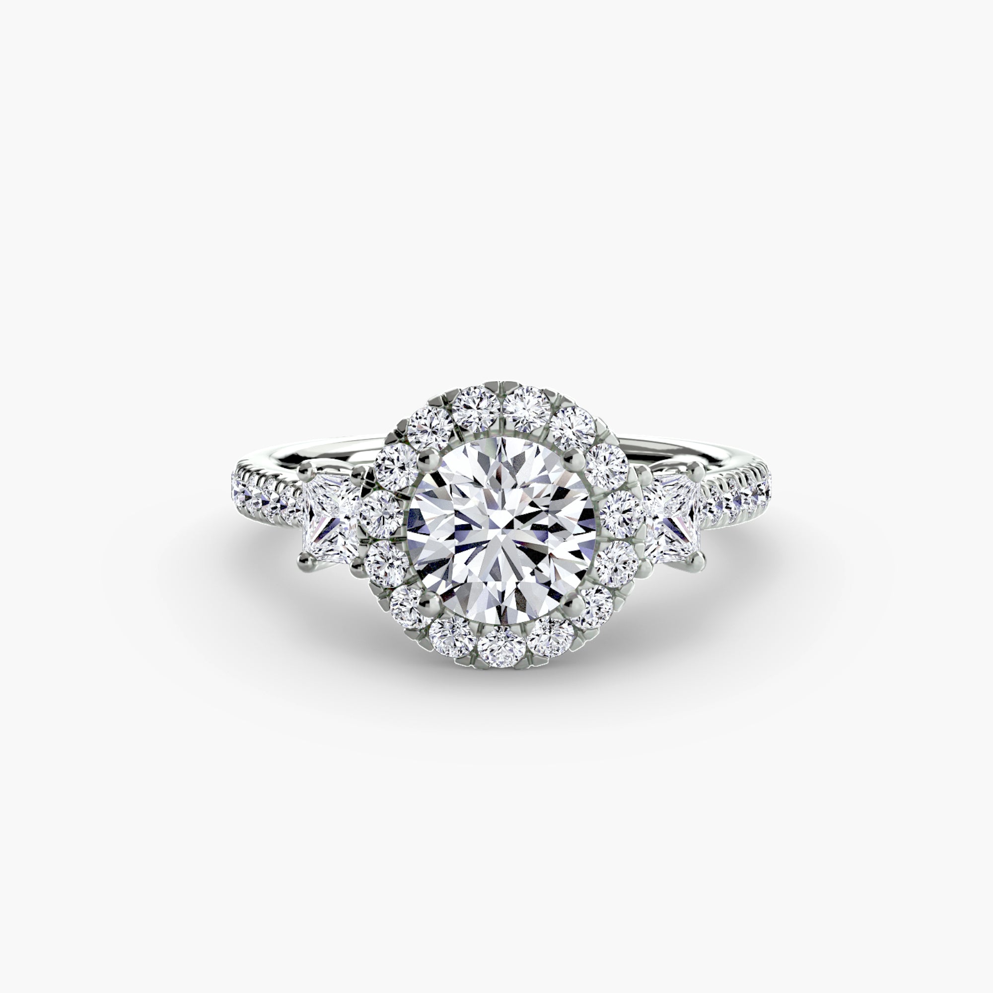 Three-Stone Ring with Halo 2 - diamond engagement ring - VYKA Diamonds