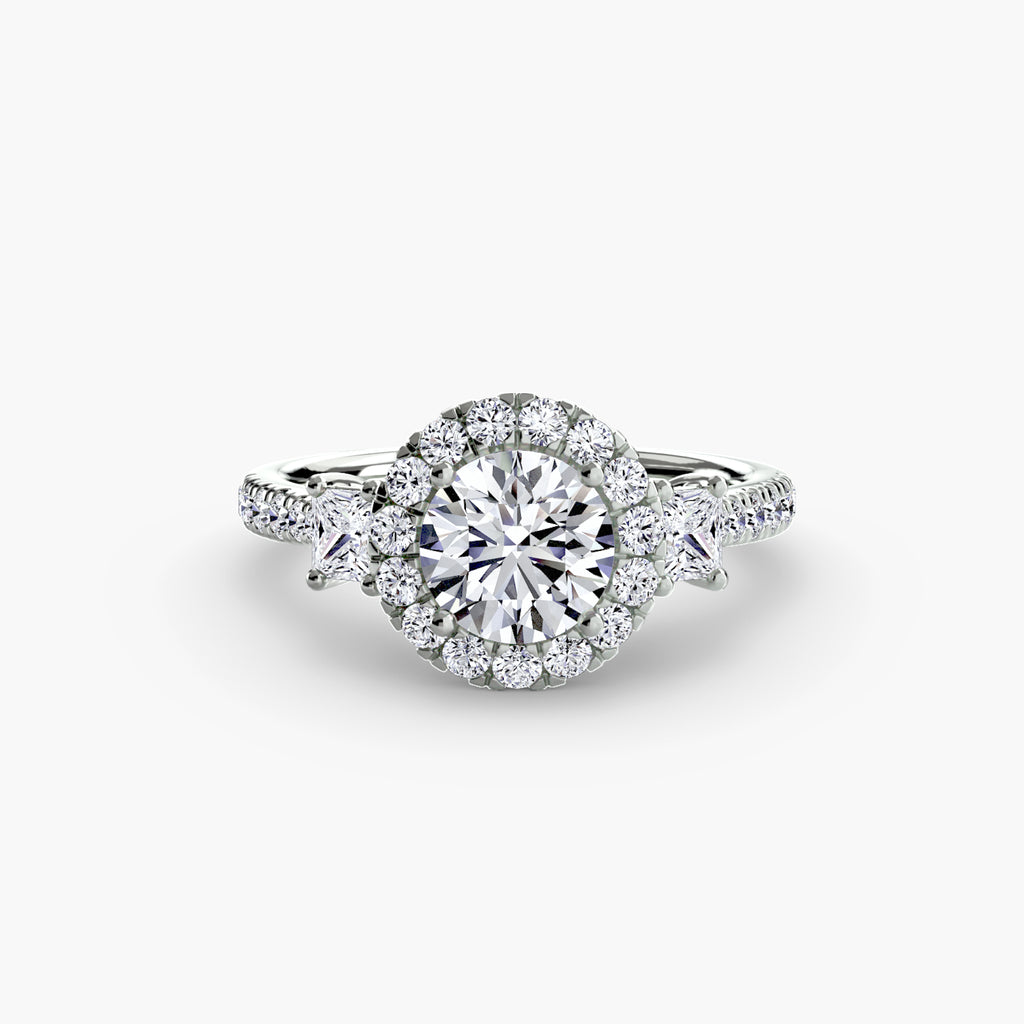 Three-Stone Ring with Halo 2 - diamond engagement ring - VYKA Diamonds